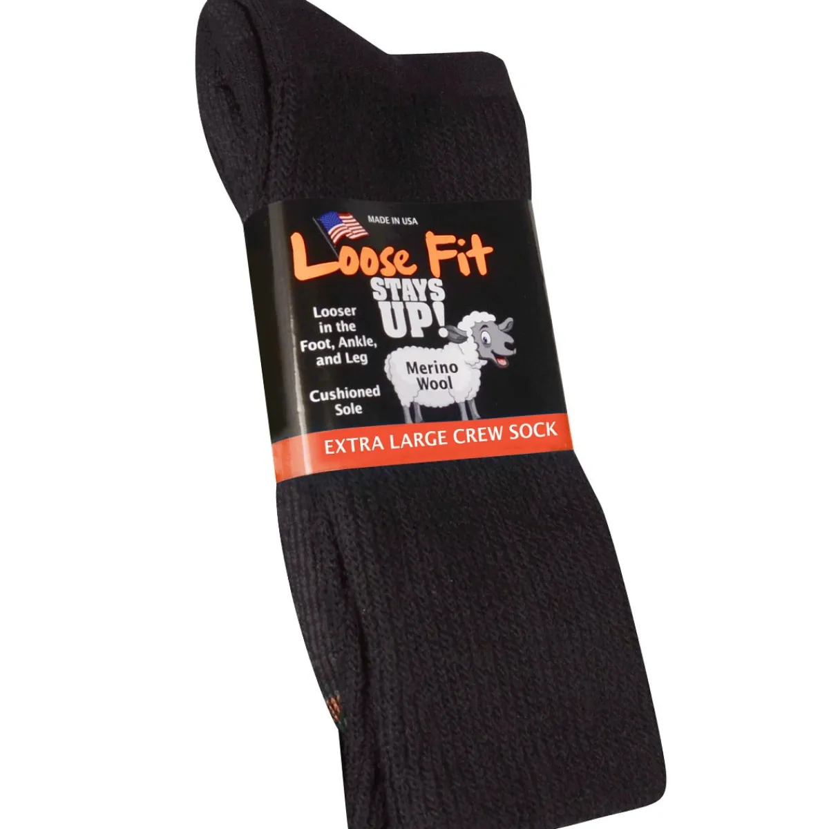 Extra Wide Socks|Crew Socks*XLfeet Inc. Loose Fit Solid Merino Wool Crew Socks to EEEEE - Black - Single Pair
