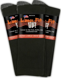 Extra Wide Socks|Crew Socks*XLfeet Loose Fit Stays Up! Black Crew Socks to 5E - 3pack