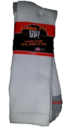 Extra Wide Socks|Crew Socks*XLfeet Inc. Loose Fit Stays Up! White Crew Socks to EEEEE - Single Pair