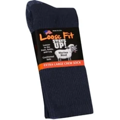 Extra Wide Socks|Crew Socks*XLfeet Inc. Merino Wool Loose Fit Stays Up! Crew Socks to EEEEE - Navy - Single Pair